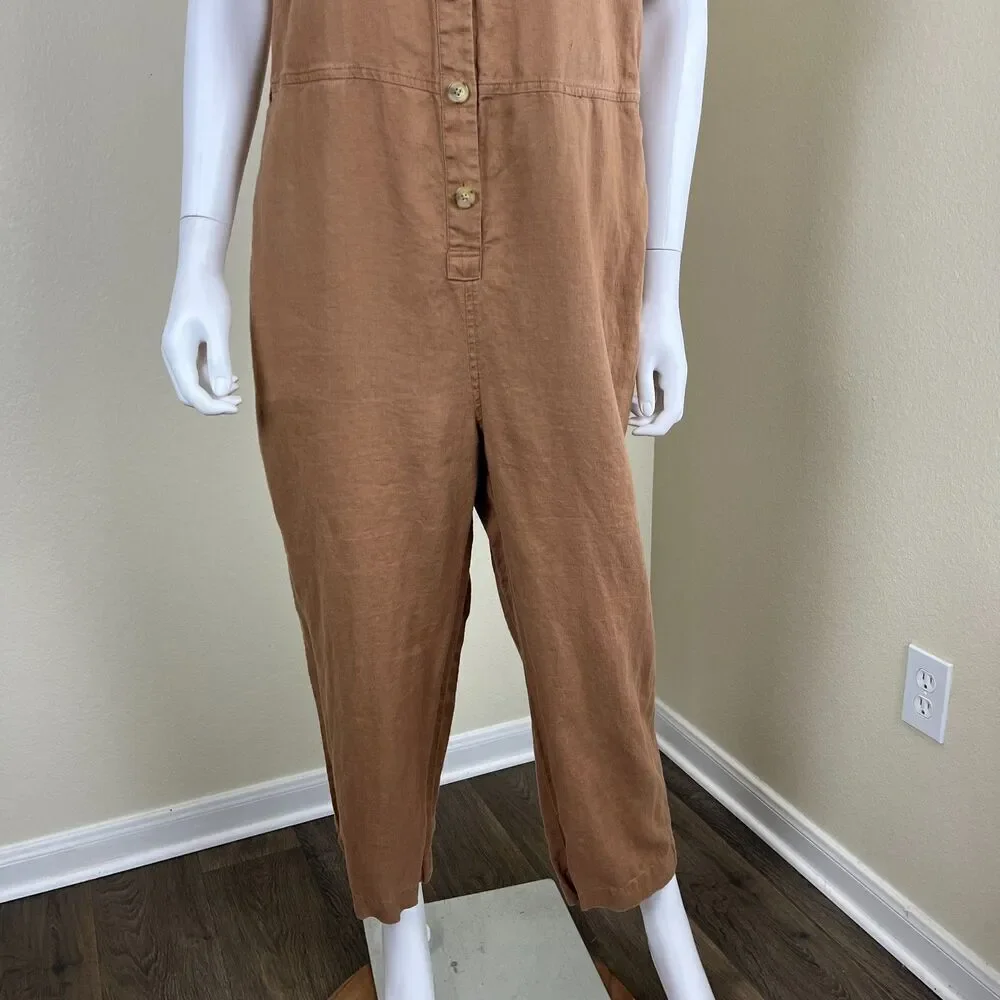 Everlane Women's Size 8 Camel Linen Straight Leg Cropped Jumpsuit Causal Minimal